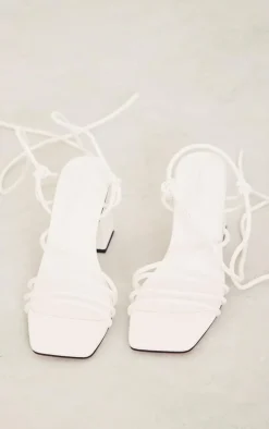 White Pu Square Toe Strappy Low Block Heeled Sandals