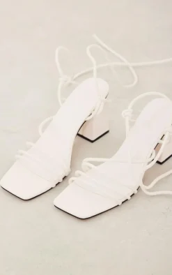 White Pu Square Toe Strappy Low Block Heeled Sandals