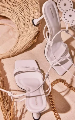 White Pu Square Toe Triple Strap Lace Up Mid Heeled Sandals
