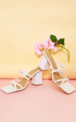 White PU Wide Fit Square Toe Strappy Block Heeled Mules