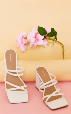 White PU Wide Fit Square Toe Strappy Block Heeled Mules