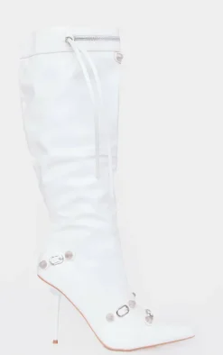 White Pu Zip Detail Point Toe Mid Heeled Knee Boots