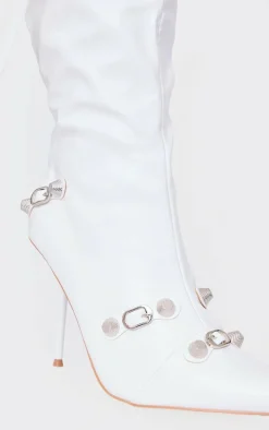 White Pu Zip Detail Point Toe Mid Heeled Knee Boots