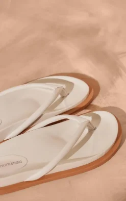 White Real Leather Round Toe Flat Flip Flop Sandals