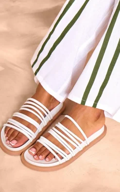 White Real Leather Round Toe Strap Detail Footbed Sandals