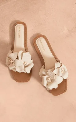 White Real Leather Square Toe Corsage Strap Detail Flat Sandals