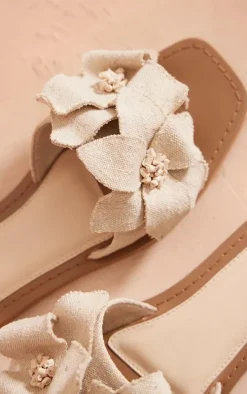 White Real Leather Square Toe Corsage Strap Detail Flat Sandals