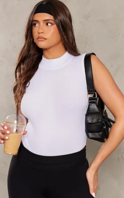 White Rib High Neck Sleeveless Bodysuit