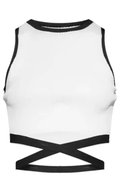 White Rib Knit Contrast Detailing Racer Neck Crop Top