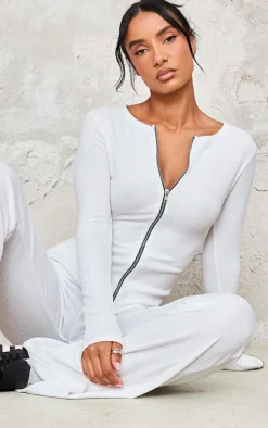 White Rib Longline Zip Up Top