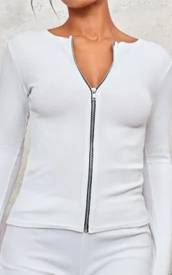 White Rib Longline Zip Up Top