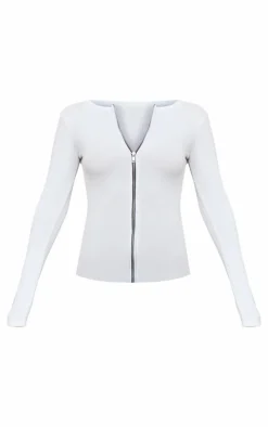 White Rib Longline Zip Up Top