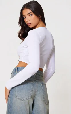 White Rib V Neck Long Sleeve Crop Top
