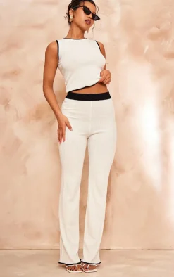 White Ribbed Knit Constrast Hem Crop Top