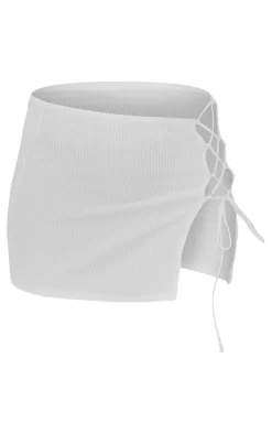 White Ribbed Lace Up Detail Mini Skirt