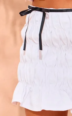 White Ribbon Detail Ruched Denim Mini Skirt