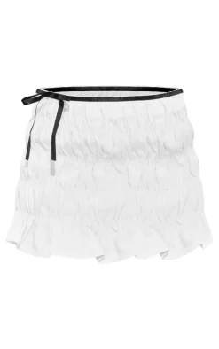 White Ribbon Detail Ruched Denim Mini Skirt