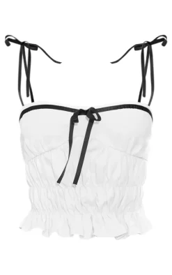 White Ribbon Strap Ruched Denim Crop Top