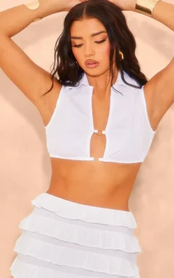 White Ring Detail Poplin Crop Top