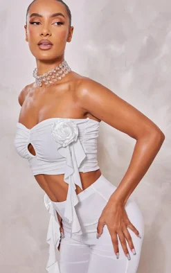 White Rose Applique Slinky Ruched Bandeau Top