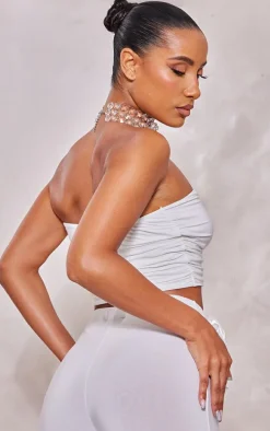 White Rose Applique Slinky Ruched Bandeau Top