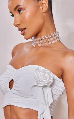 White Rose Applique Slinky Ruched Bandeau Top