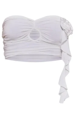White Rose Applique Slinky Ruched Bandeau Top