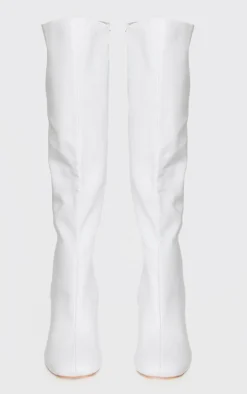 White Round Block Heel Knee High Boots
