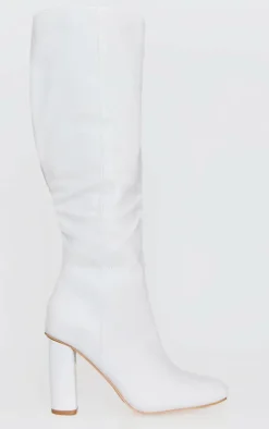 White Round Block Heel Knee High Boots