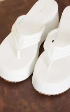 White Round Toe Chunky Platform Ribbed Padded Straps Flip Flops