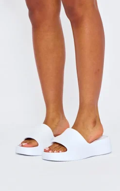 White Round Toe Rubber Sole Platform Slides