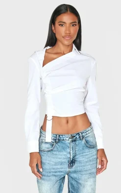 White Ruched Buckle Asymmetric Shirt