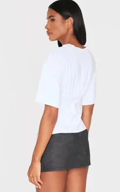 White Ruched Bust Detail Fitted T Shirt