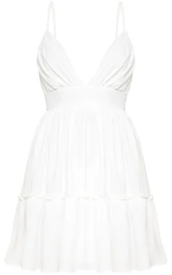 White Ruched Frill Detail Strappy Skater Dress