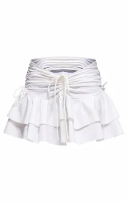 White Ruched Frill Detail Mini Skirt