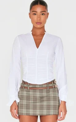 White Ruched Front Tie Detail Shirt