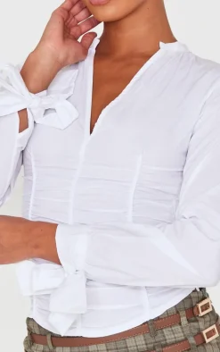 White Ruched Front Tie Detail Shirt
