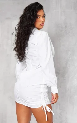 White Ruched Side Fitted Shirt Dress
