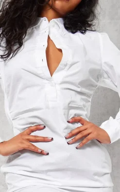 White Ruched Side Fitted Shirt Dress