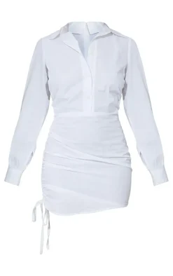 White Ruched Side Fitted Shirt Dress
