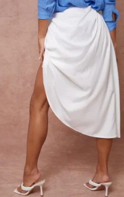 White Ruched Side Midi Skirt
