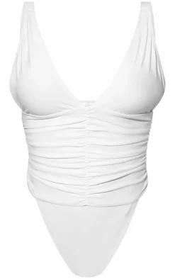 White Ruched Waist High Leg Plunge Swimsuit
