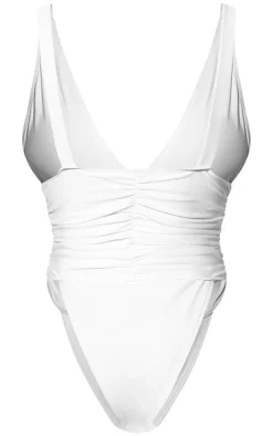 White Ruched Waist High Leg Plunge Swimsuit