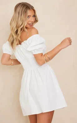 White Ruffle Frill Puff Sleeve Corset Shift Dress