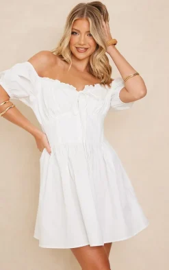 White Ruffle Frill Puff Sleeve Corset Shift Dress