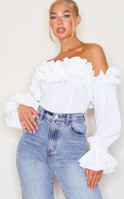 White Ruffle Hem Off Shoulder Long Sleeve Top