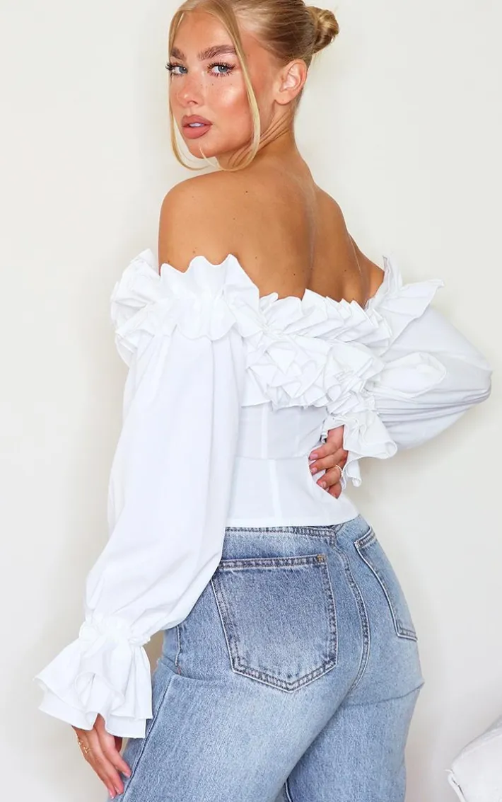 White Ruffle Hem Off Shoulder Long Sleeve Top