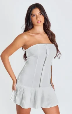 White Satin Bandeau Pleated Shift Dress