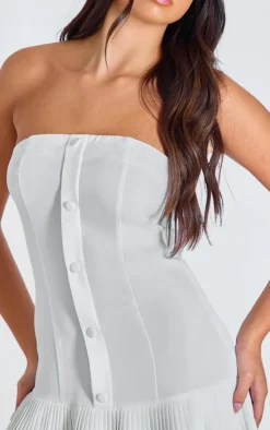 White Satin Bandeau Pleated Shift Dress