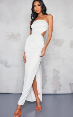 White Satin Bandeau Side Cut Out Maxi Dress